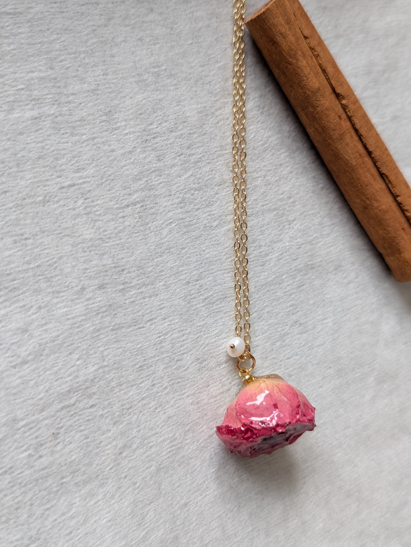 Real Rosebud Necklace with Pearl Accent