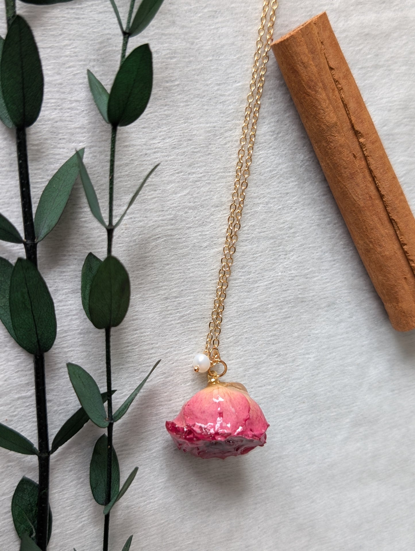 Real Rosebud Necklace with Pearl Accent