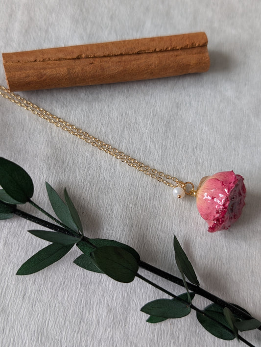 Real Rosebud Necklace with Pearl Accent