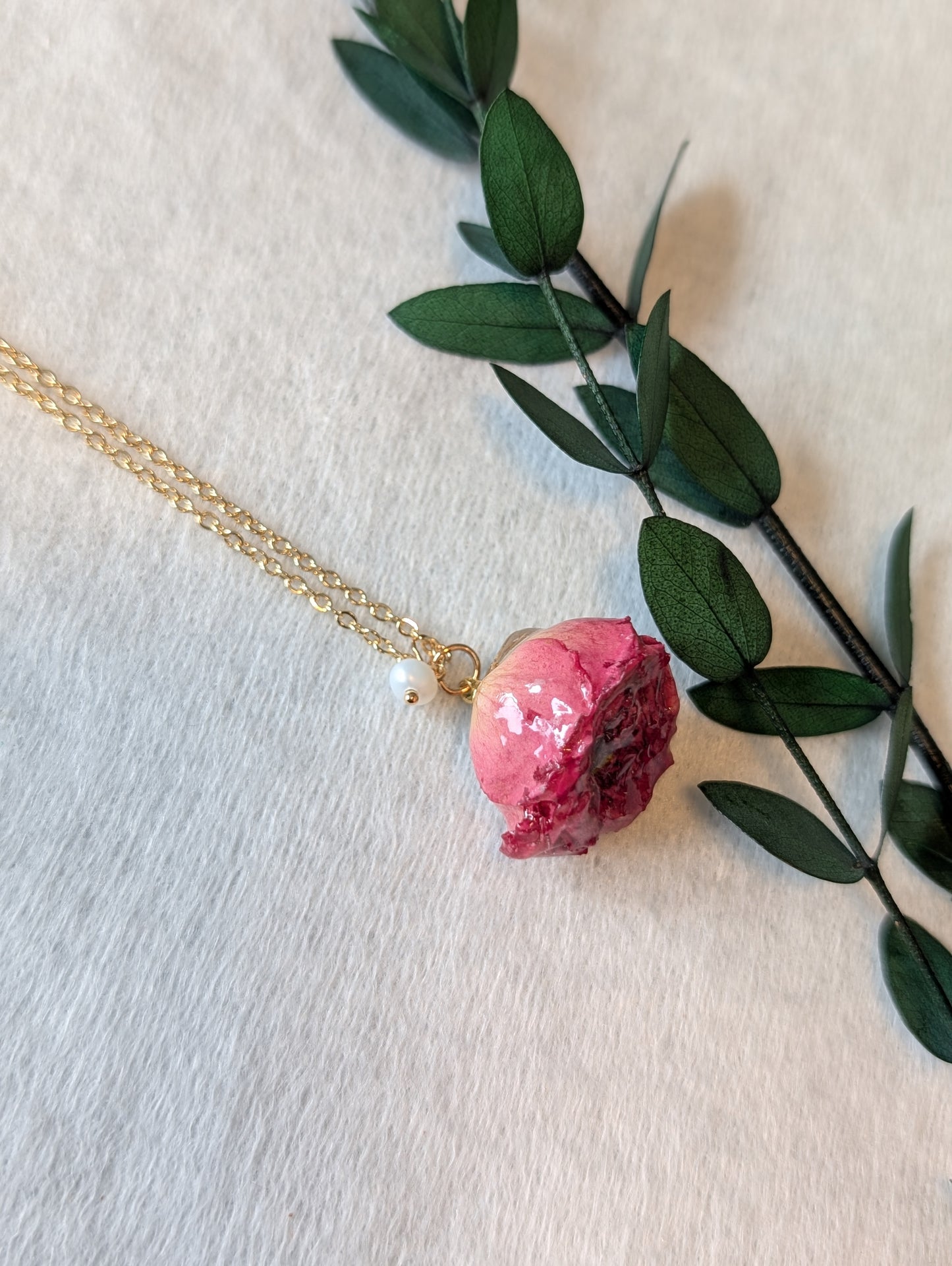 Real Rosebud Necklace with Pearl Accent