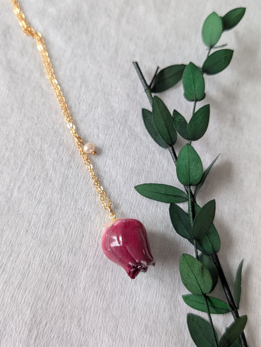 Real Rosebud Earrings & Necklace - Deep Crimson & Cream