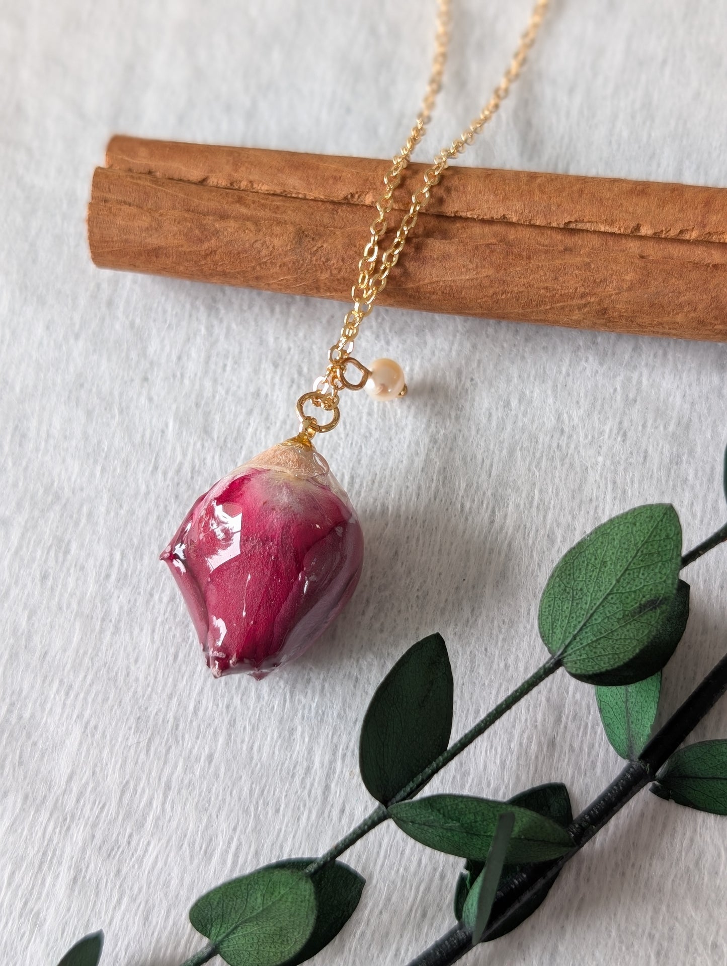 Real Rosebud Earrings & Necklace - Deep Crimson & Cream