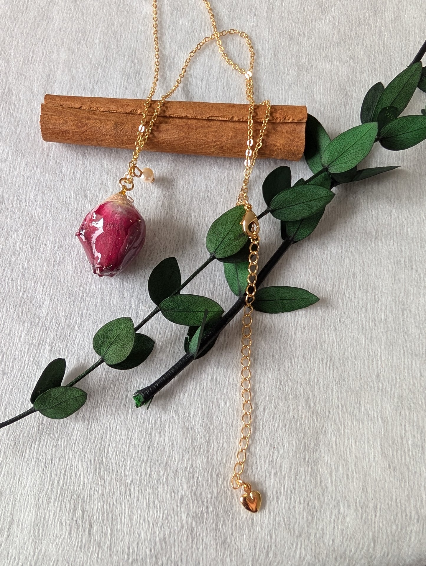 Real Rosebud Earrings & Necklace - Deep Crimson & Cream