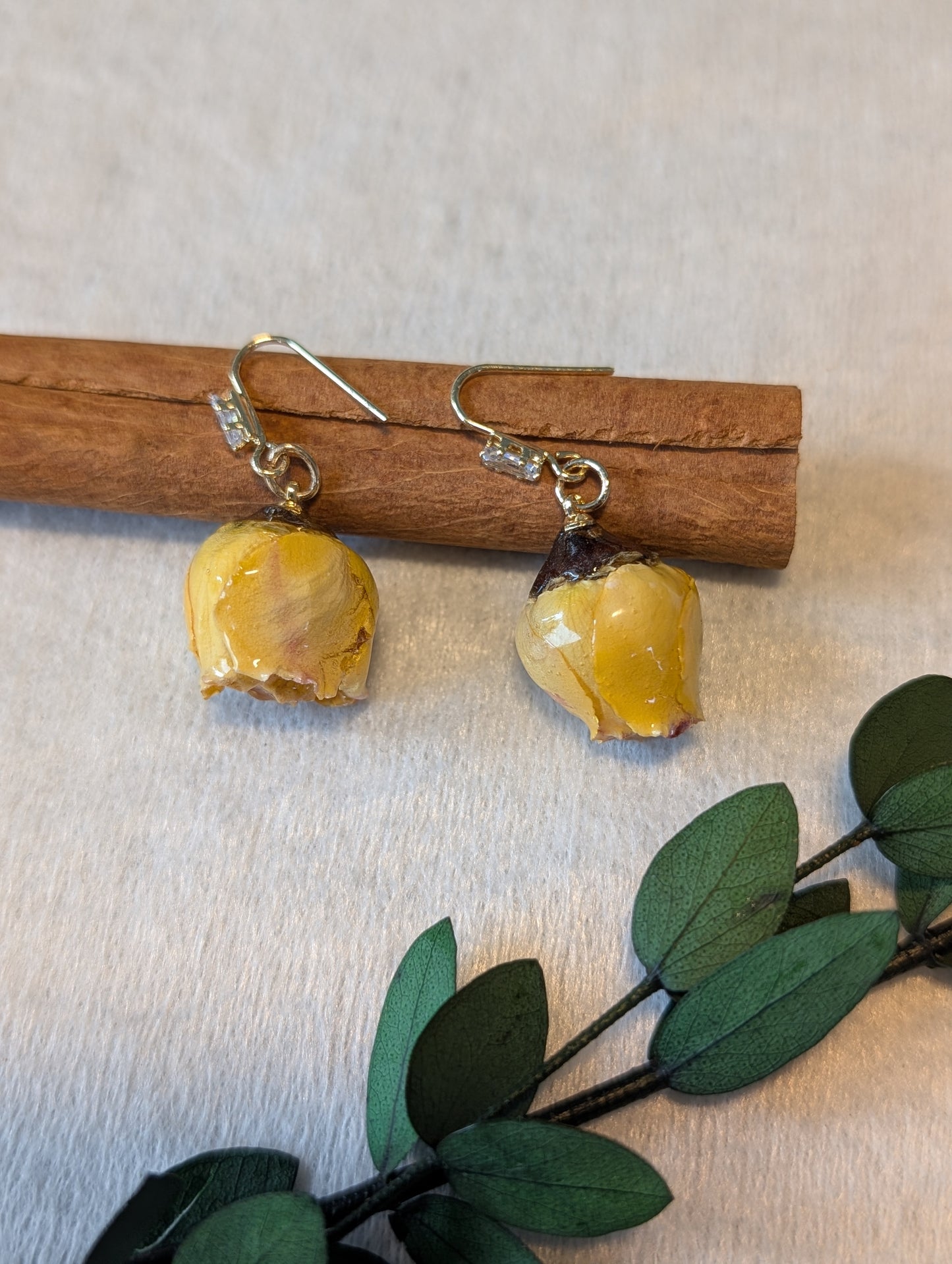 Real Rosebud Earrings & Necklace - Sunshine Yellow Rose