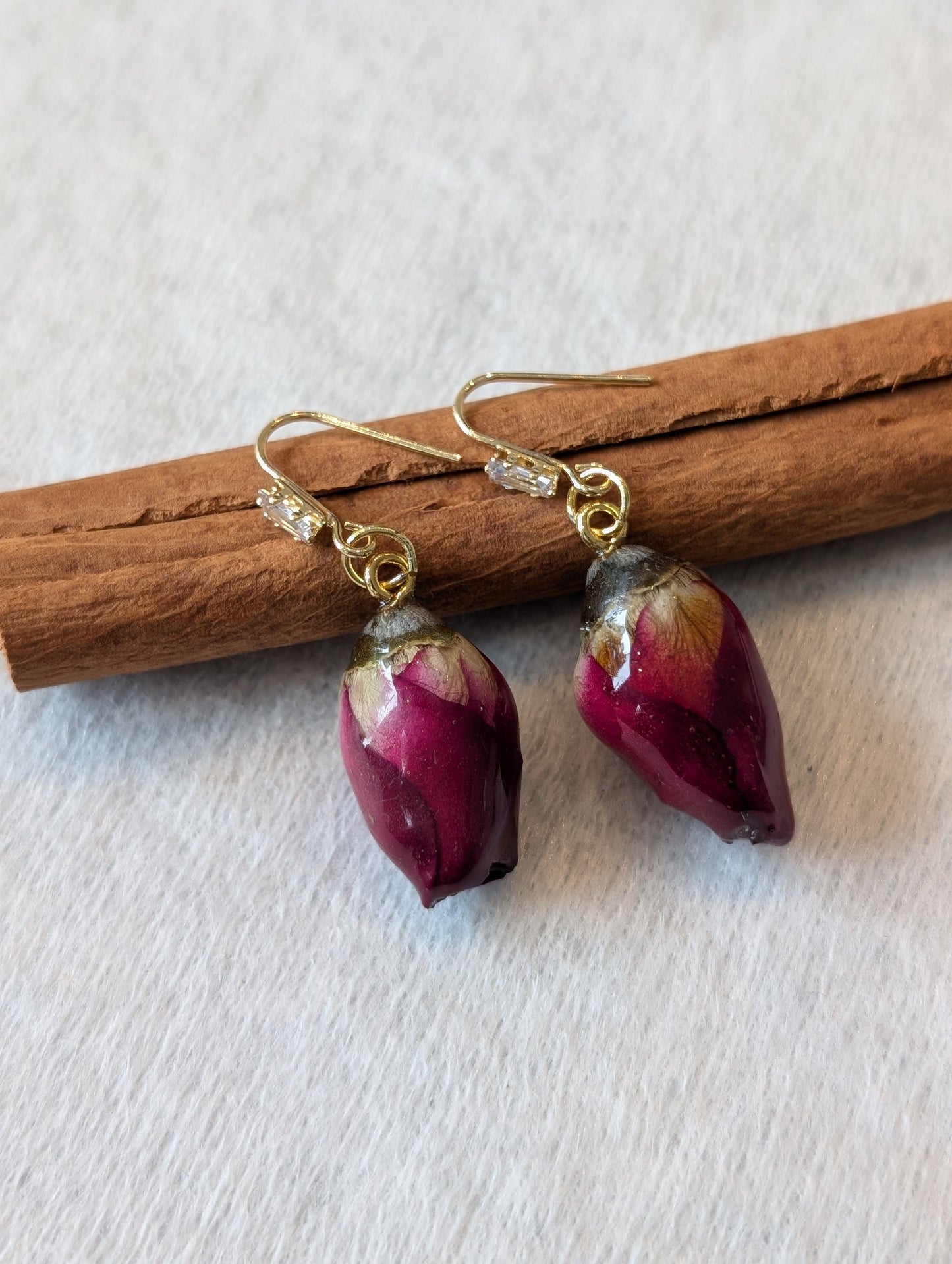 Real Rosebud Earrings & Necklace - Deep Crimson & Cream