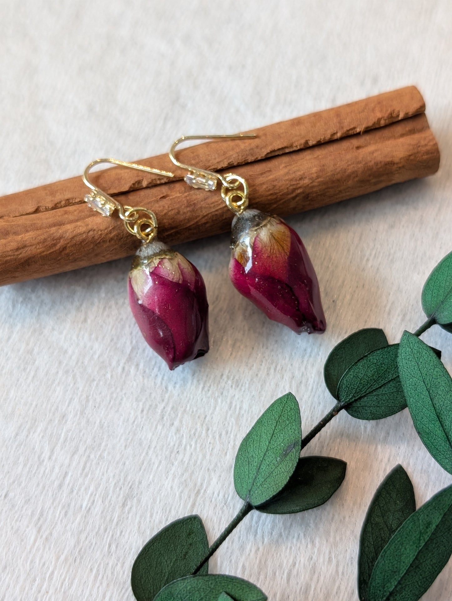 Real Rosebud Earrings & Necklace - Deep Crimson & Cream