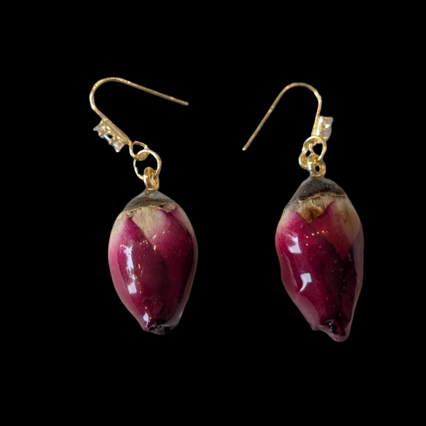 Real Rosebud Earrings & Necklace - Deep Crimson & Cream