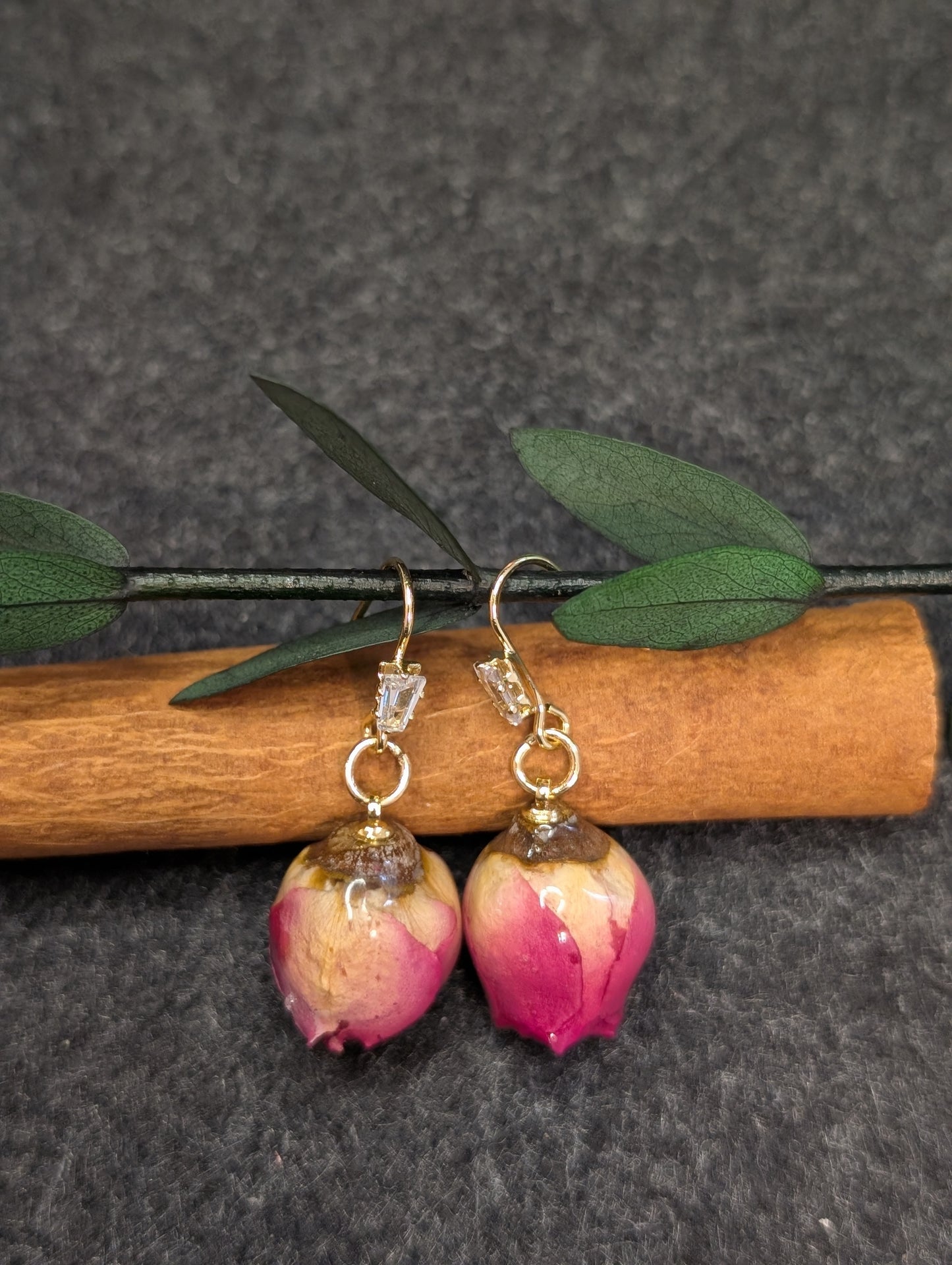 Real Rosebud Earrings & Necklace - Pink & Yellow Gradient