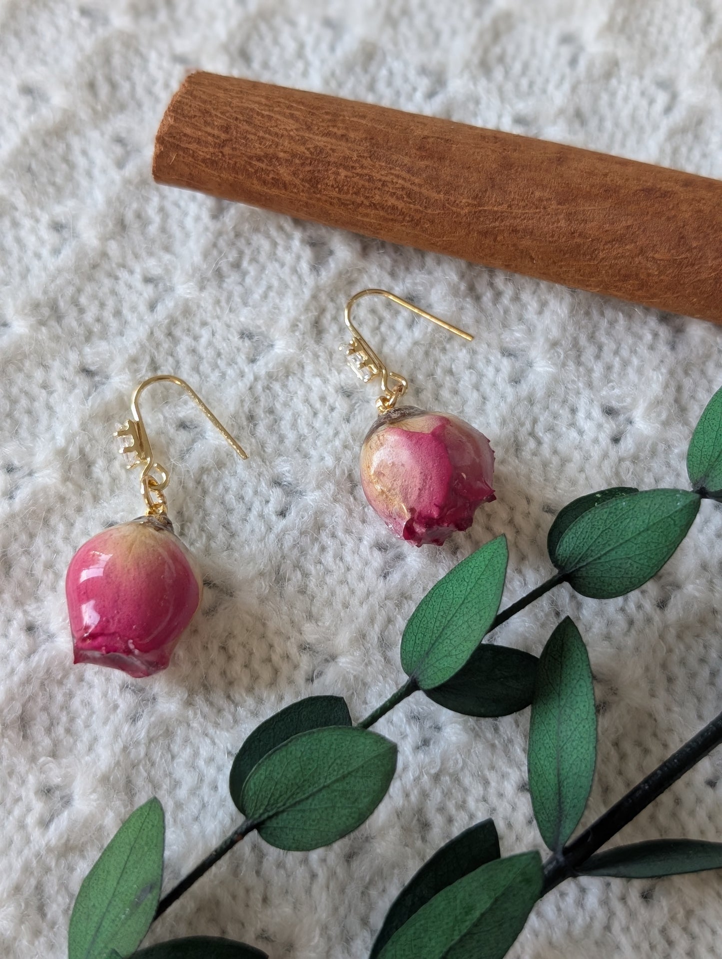 Real Rosebud Earrings & Necklace - Pink & Yellow Gradient