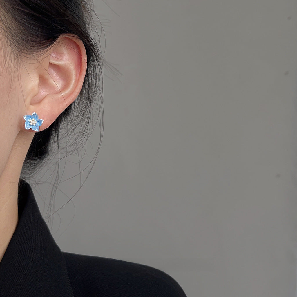 Klein fresh blue 925 silver needle resin small flower stud earrings sweet cute Japanese and Korean new earrings factory wholesale