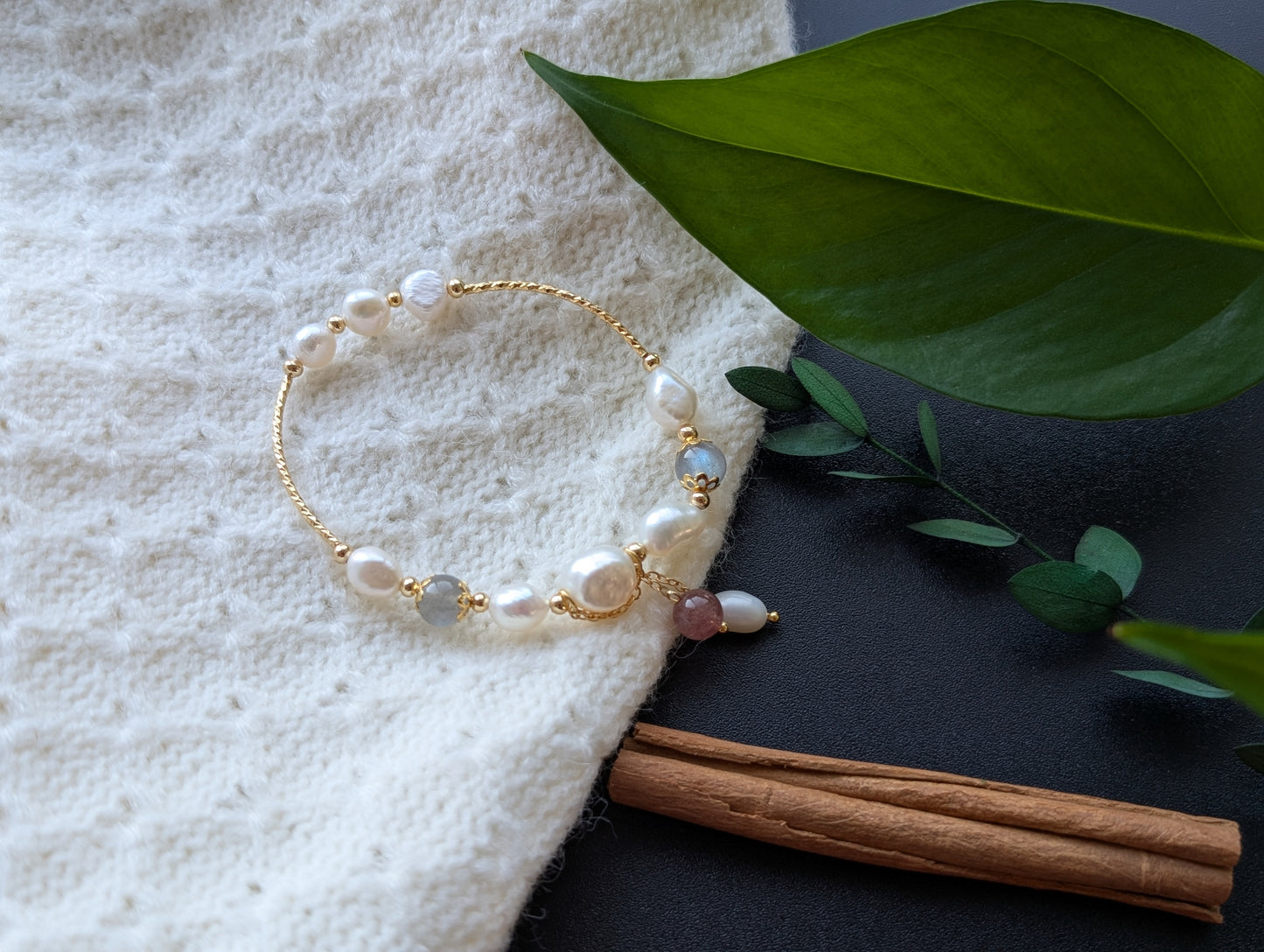 Natural Moonstone Freshwater Pearl Bracelet