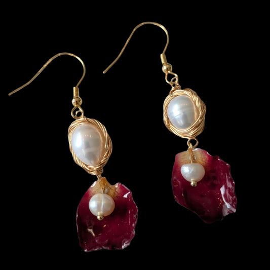 Ruby Petal & Pearl Cascade Earrings