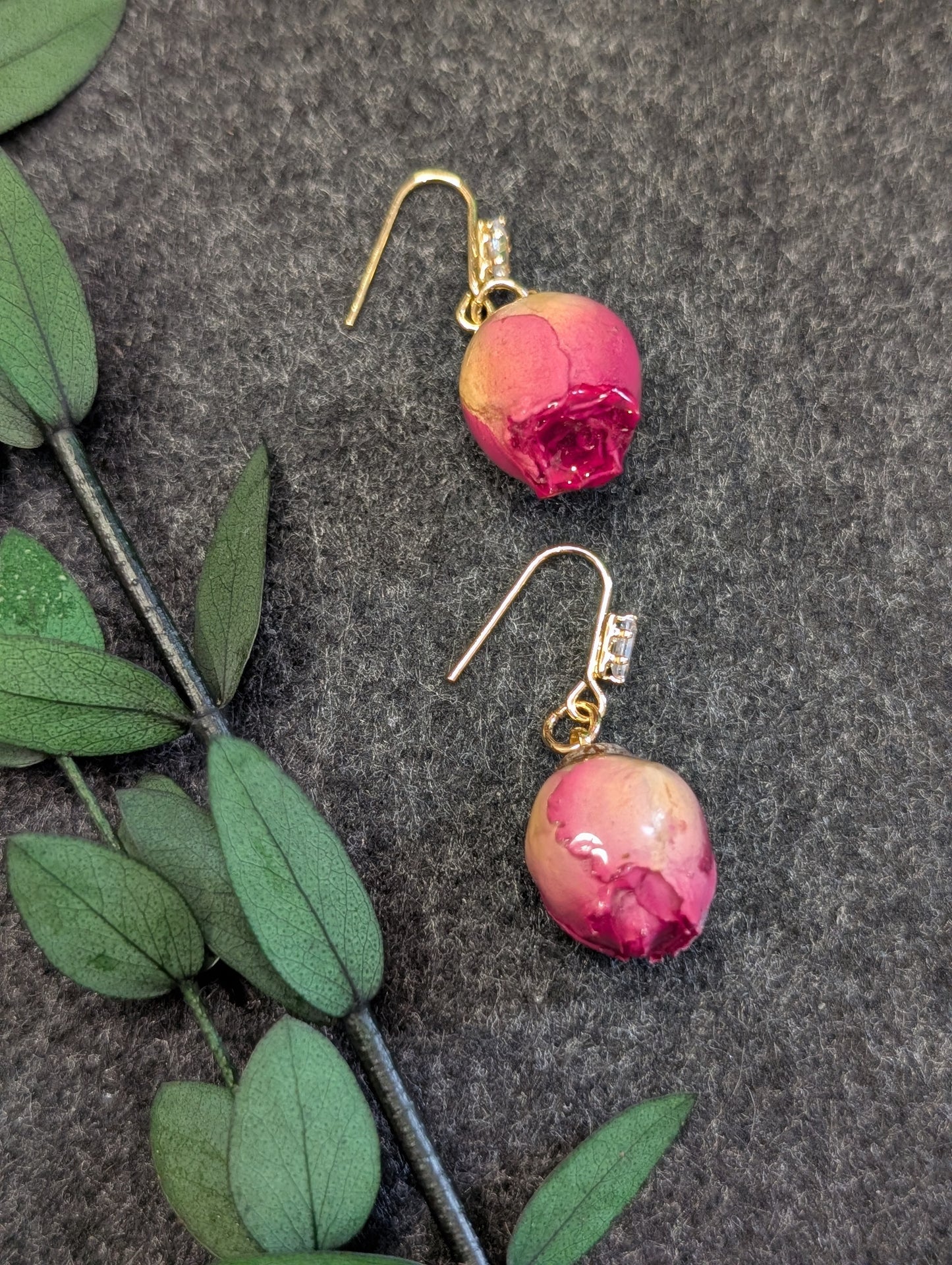 Real Rosebud Earrings & Necklace - Pink & Yellow Gradient